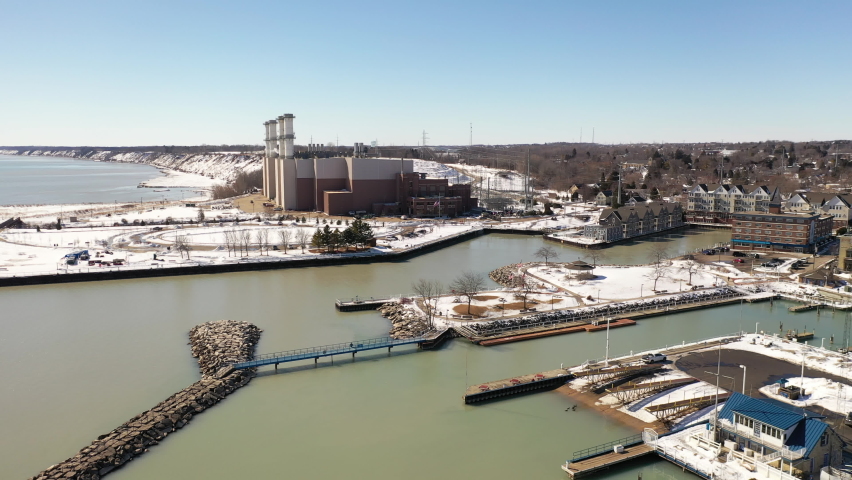 Aerial view of town of Port Washington, Wisconsin. Daytime, sunny sky, winter.