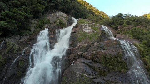 Ohko no Taki Falls, Yakushima Japan. Aerial Rise Shot of Waterfall