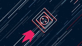 Power socket symbol flies through the universe on a jet propulsion. The symbol in the center is shaking due to high speed. Seamless looped 4k animation on dark blue background with stars