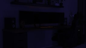 Games room with a cyber gamer computer. 3d animation of neon lighting