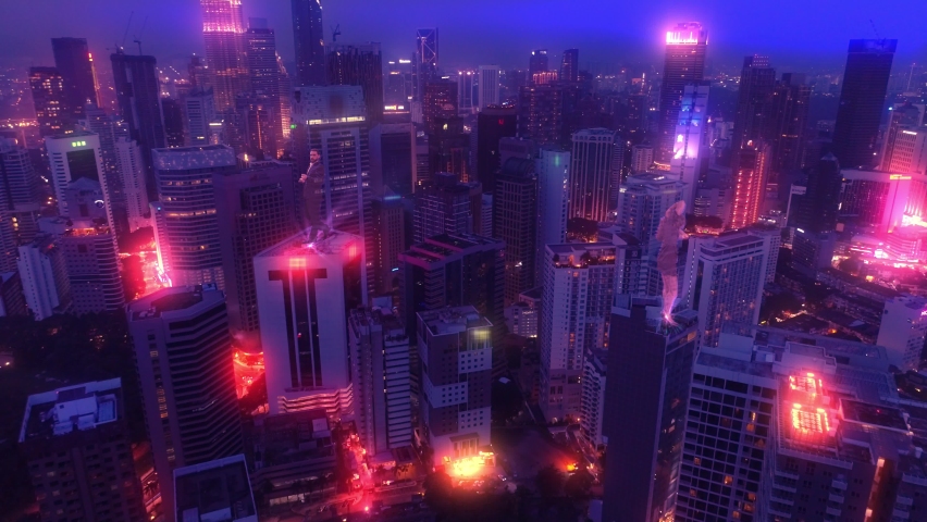 AERIAL. Concept of futuristic cyberpunk city with purple colours and holograms on the buildings. Futuristic air craft flying between skyscrapers. Royalty-Free Stock Footage #1068698126