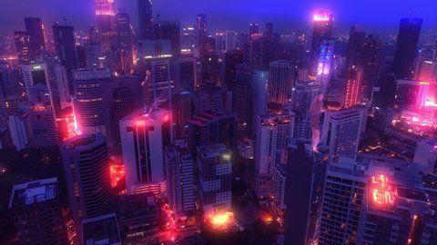 AERIAL. Concept of futuristic cyberpunk city with purple colours and holograms on the buildings. Futuristic air craft flying between skyscrapers.