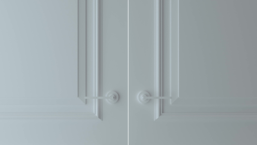 Double open white door on white background. Door opens and fills the space with bright white. Choice, business and success concept. Flight forward, entering inside the doorway. 3d animation, 4K Royalty-Free Stock Footage #1068700208