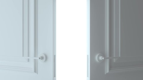 Double open white door on white background. Door opens and fills the space with bright white. Choice, business and success concept. Flight forward, entering inside the doorway. 3d animation, 4K
