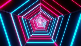 4K video animation of beautiful red and blue color neon lighting pentagon shape tunnel seamless looping motion graphics.