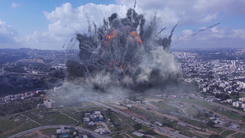 Large Nuclear explosion at Jerusalem. Drone view of dirty bomb exploding over Jerusalem city, Israel. 
