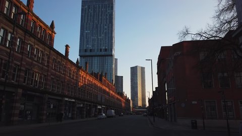 MANCHESTER, UK - 2021: Manchester city centre streets quiet during coronavirus lockdown