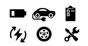 E-car service maintenance and reparation icon set. Animation, cartoon, illustration.