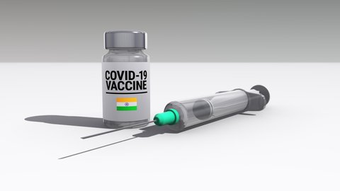 Seamless looping 3D animated syringe and bottle of covid-19 vaccine with the flag of India in 4K resolution 