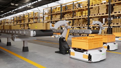 3d Rendering of Robots Working On Conveyor Belt In Warehouse