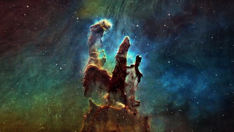 Space Travel to The Eagle Nebula. Space Flight to star field Galaxy and Nebulae deep space exploration. 4K 3D seamless looping Flight to Eagle Nebula Messier 16. Elements furnished by NASA image.