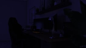Games room with a cyber gamer computer. 3d animation of neon lighting