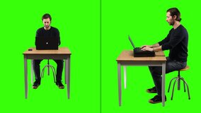 Man Typing On Laptop Large Shot Green Screen. Man is typing on a laptop over the desk on a green screen background. Portrait-profile, large shot - Powered by Shutterstock - Get 15% off with code: PIKWIZARD15