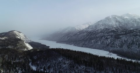 4k 60fps Aerial footage of the Matanuska River Valley. Sutton, Alaska. Winter 2021