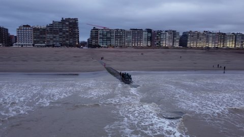Nieuwpoort , Belgium - 02 21 2021: Aerial of Nina Beiers Beaufort Sculpture Park by the sea, Niewpoort beach