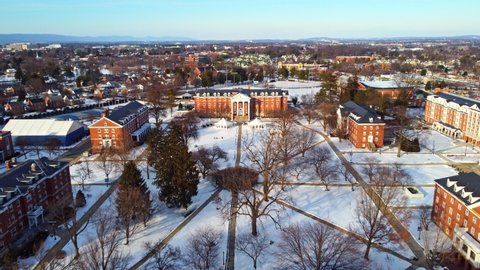 Aerial drone flyover of Hood College, Frederick Maryland. February 21, 2021