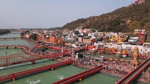 Haridwar, Uttarakhand 08-03-2021 Har Ki Pauri, a famous ghat on the banks of the Ganges in the Indian state of Uttarakhand. Kumbh Mela 2021 will be held in Haridwar, where Hindu Devotees come.