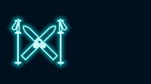 Glowing neon line Ski and sticks icon isolated on black background. Extreme sport. Skiing equipment. Winter sports icon. 4K Video motion graphic animation.