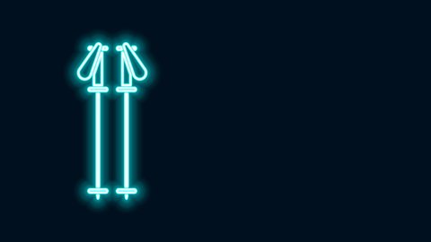 Glowing neon line Ski poles icon isolated on black background. Extreme sport. Skiing equipment. Winter sports icon. 4K Video motion graphic animation.