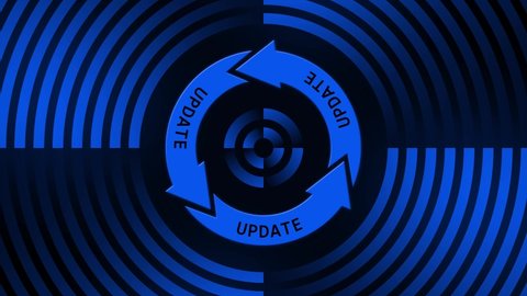 Abstract movement in 4K of UPDATE lettering on update sign in center of circular lines - graphic elements in blue on black background - software update computer program - endless loop