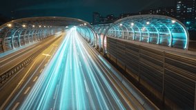 Infinite timelapse of a busy highway in the city of Warsaw in Poland. Neon and futuristic aesthetics in video with invisible loop, long exposure banner background. 