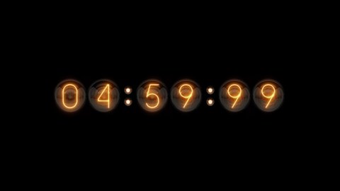 Countdown 5 minutes. Nixie tube indicator countdown. Gas discharge indicators and lamps. 3D. 3D Rendering
