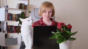 Caucasian young woman sits at laptop and types in cozy room with cat. Nearby on table is houseplant. Behind - bookcase Concept of remote work from home, lockdown, freelance, online training, stay home