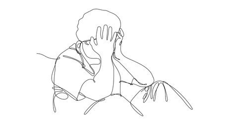 4K and HD video of continuous line drawing of exhausted nurse holding her face in her hands. Healthcare concept in time of covid-19 pandemic. Black line on white background