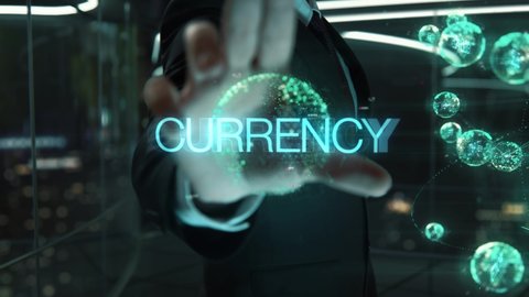 Businessman with Currency hologram concept