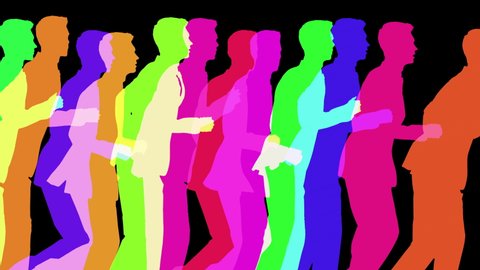 Animation of colourful businessman silhouettes cloned running against a black background
