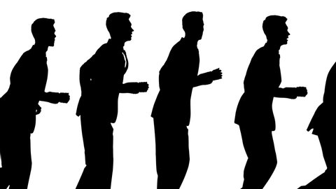 Animation of businessman silhouettes cloned running against a white background