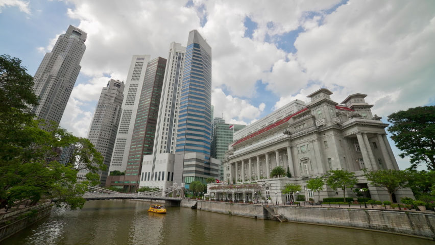 day light singapore riverside downtown famous hotel panorama 4k timelapse