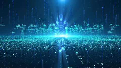 Holographic particle smart city cyberpunk science fiction intelligent robot walking