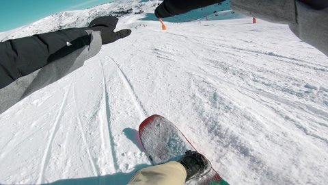 First Person POV of Person Snowboarding Fast on Ski Slope Mountain