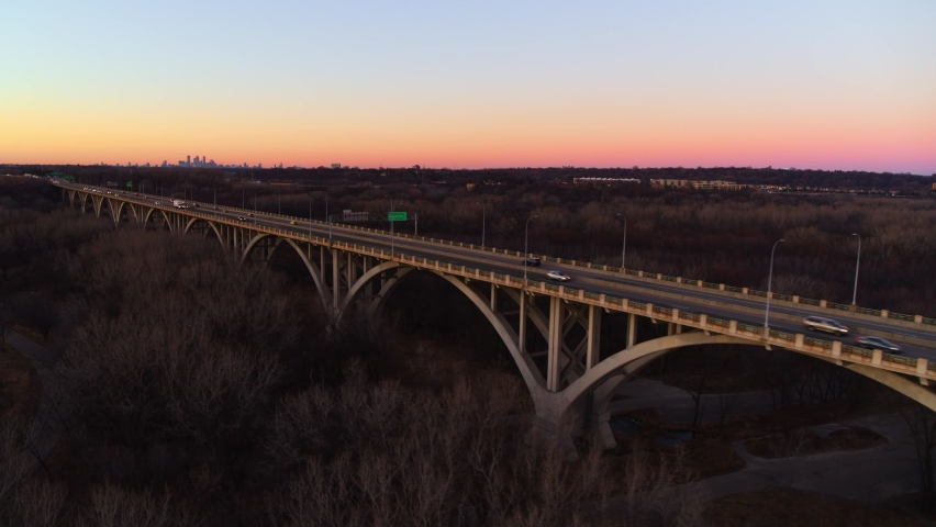 Aerial view of Mendota Bridge during golden hour