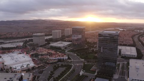 Aerial sunset view of the skyline of downtown Irvine, California, USA.