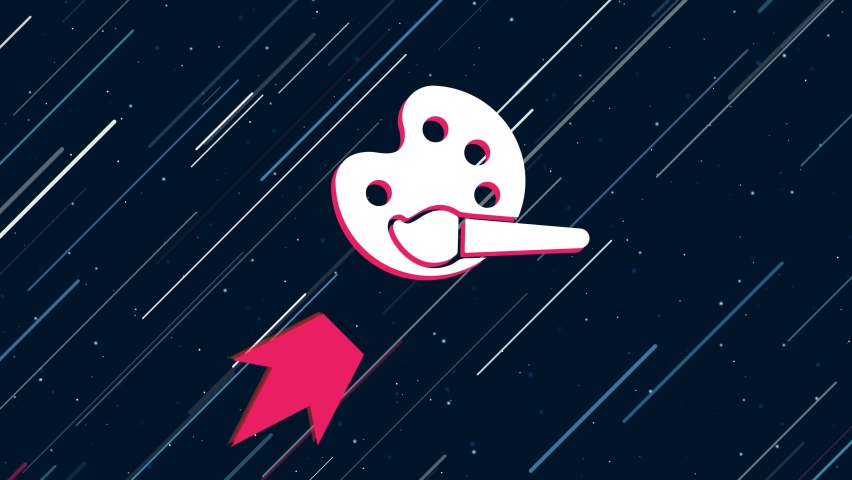 Palette symbol flies through the universe on a jet propulsion. The symbol in the center is shaking due to high speed. Seamless looped 4k animation on dark blue background with stars
