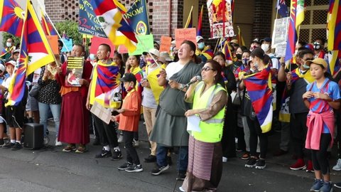 Sydney, NSW, Australia - March 10th, 2021: Tibetans outside the Chinese Consulate in Camperdown as they commemorate the 62nd Tibetan Uprising Day after marching from Martin Place.