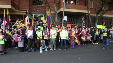 Sydney, NSW, Australia - March 10th, 2021: Tibetans outside the Chinese Consulate in Camperdown as they commemorate the 62nd Tibetan Uprising Day after marching from Martin Place.