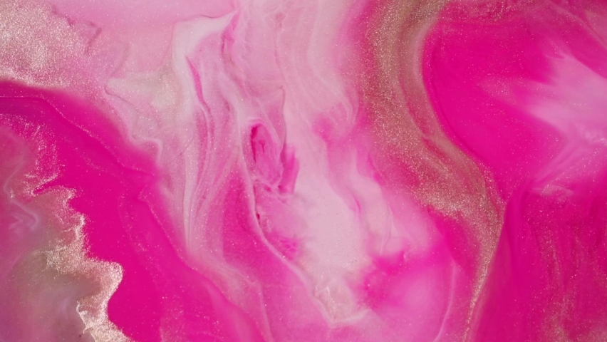 Fluid art drawing footage, abstract acrylic texture with flowing effect. Liquid paint mixing backdrop with splash and swirl. Detailed background motion with pink, white and golden overflowing colors.
