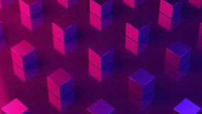 Animation. Repeating pattern. Cubes texture. 3D cube wallpaper. Neon light. Coolorful background. Graphic design. Red and purple colors. 4K Motion graphics