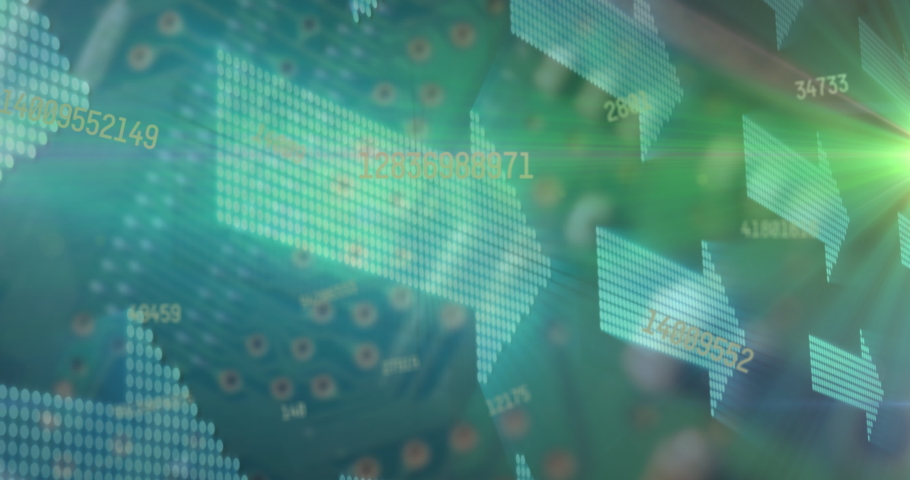 Multiple changing numbers floating against arrows moving on green background. global finance and technology concept