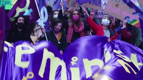 ISTANBUL, TAKSIM, TURKEY: MARCH, 8, 2021: Feminist Night Walk in Taksim on 8 March Women's Day