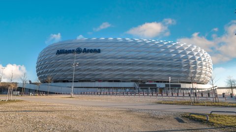 Munich, GERMANY - FEB 20, 2021: Fc bayern munich soccer arena, allianz arena munich stadium timelapse hyperlapse video in 4k.