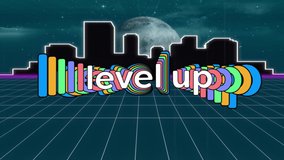 Digital animation of level up text over cityscape against moon in space. computer interface and video game concept - Powered by Shutterstock - Get 15% off with code: PIKWIZARD15