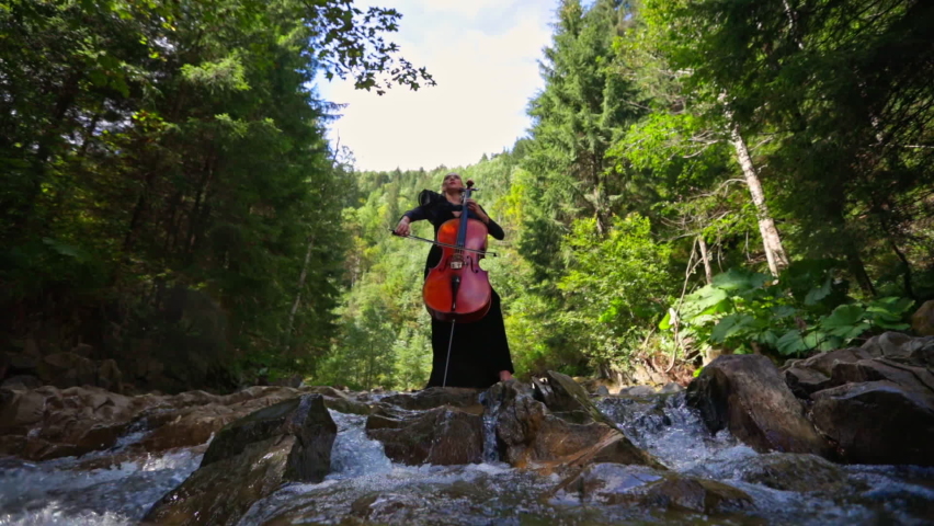 Luxury woman with musical instrument outdoors. Female musician performing music with a cello on amazing nature background with fresh mountain water. | Shutterstock HD Video #1068777110