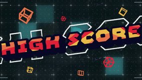 Digital animation of retro style high score text and abstract shapes against grid network. computer interface and video game concept - Powered by Shutterstock - Get 15% off with code: PIKWIZARD15