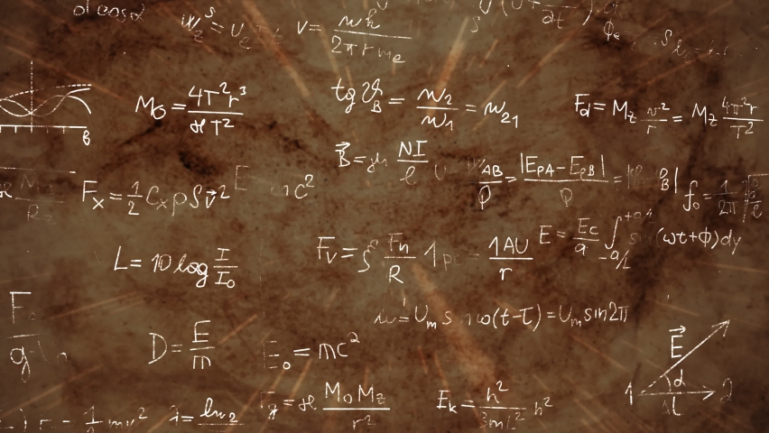 Abstract camera flight through Scientifical formulas on aged paper or rocky background. Background with equations and problems. Mechanics graphs. Royalty-Free Stock Footage #1068778040