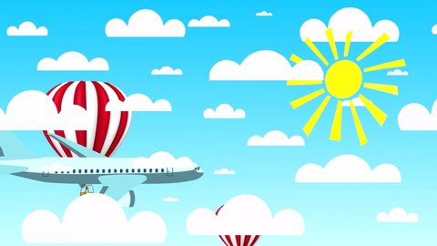 4K 3D animation of a bright blue sky with the sun and paper clouds, an airplane and balloons. Travel, vacation concept.