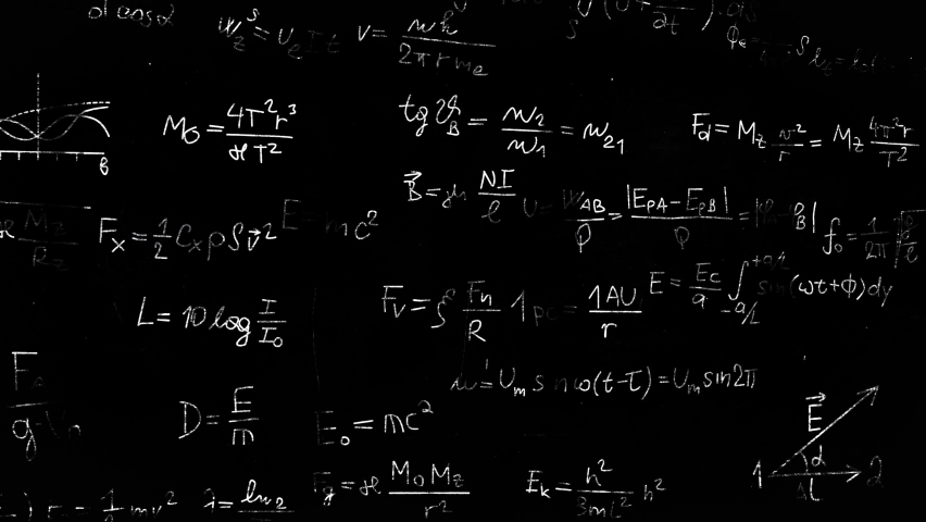School subjects formulas and drawings - made with chalk over black blackboard. Camera flight through formulas.